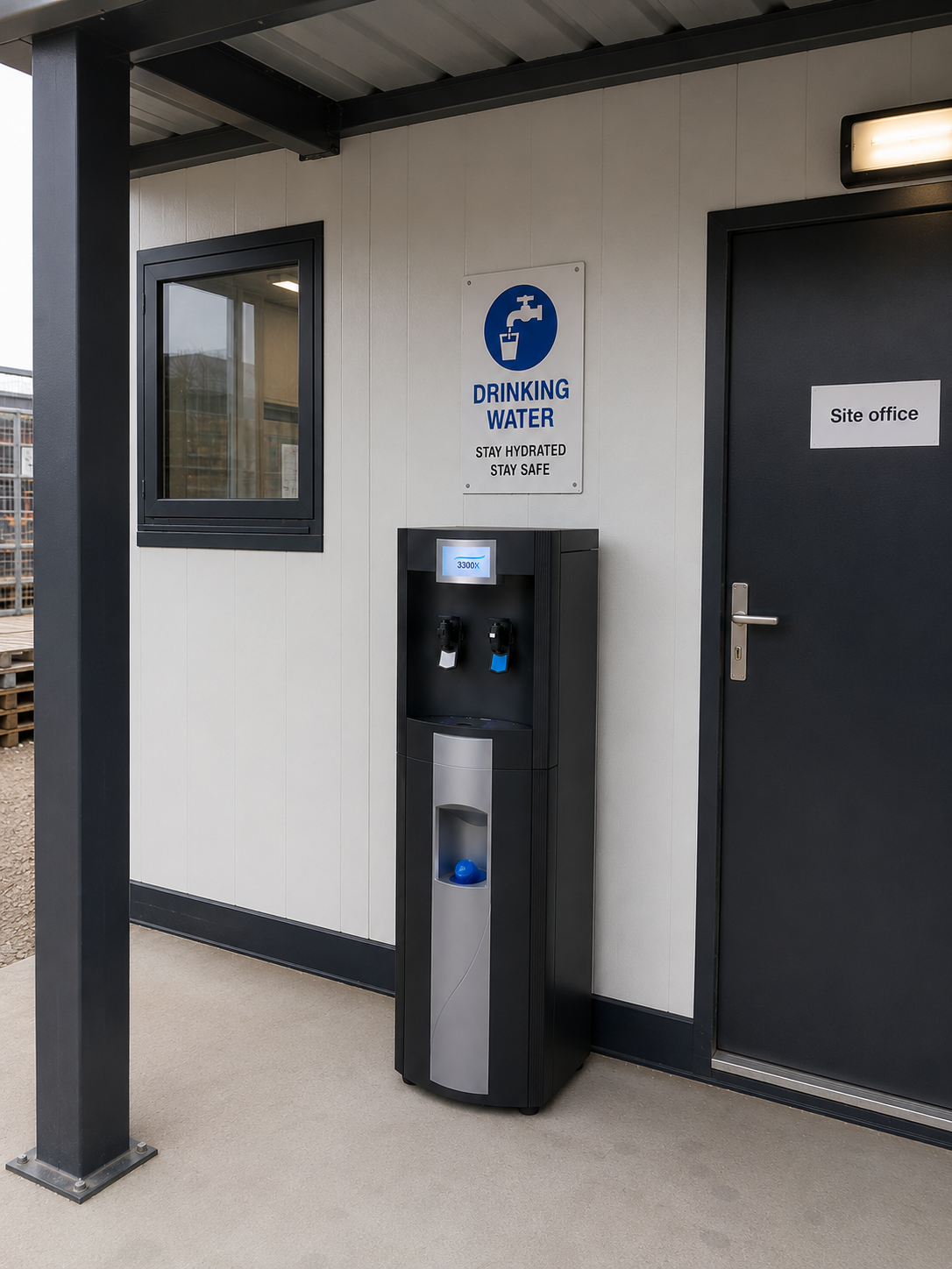 Water cooler outside a construction site office