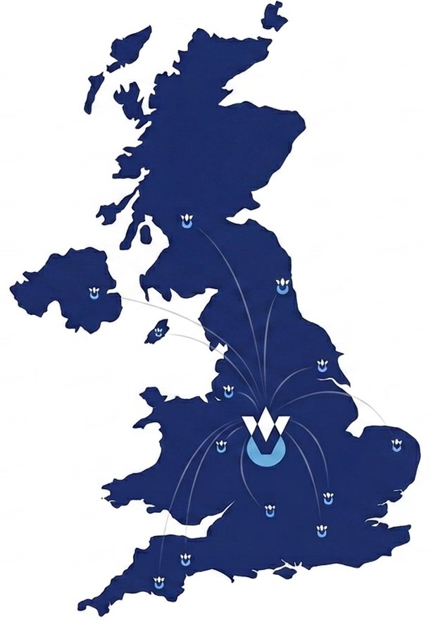 Map of the United Kingdom showing Vida Water's head office in the Midlands and the sites it serves across England, Wales, Scotland and Northern Ireland