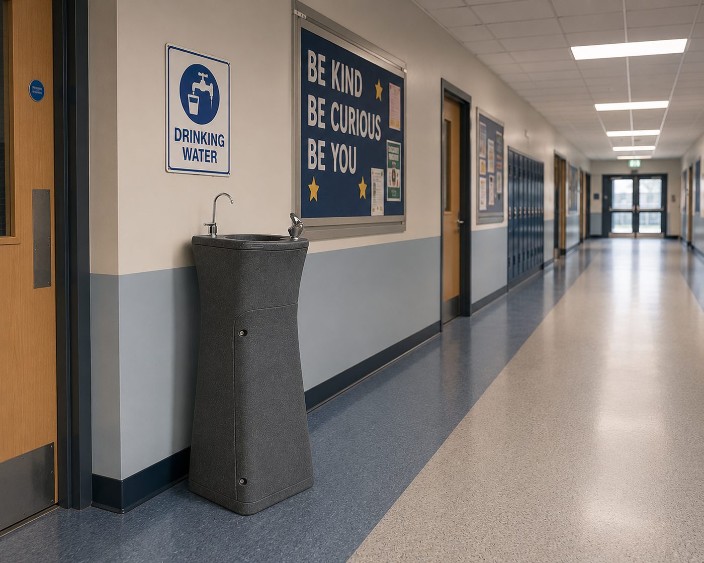 Drinking water fountain in a school corridor
