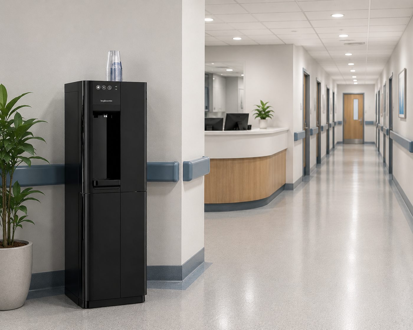 Water cooler in a hospital corridor