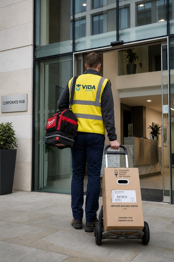 Vida Water engineer arriving to install a Zip HydroTap