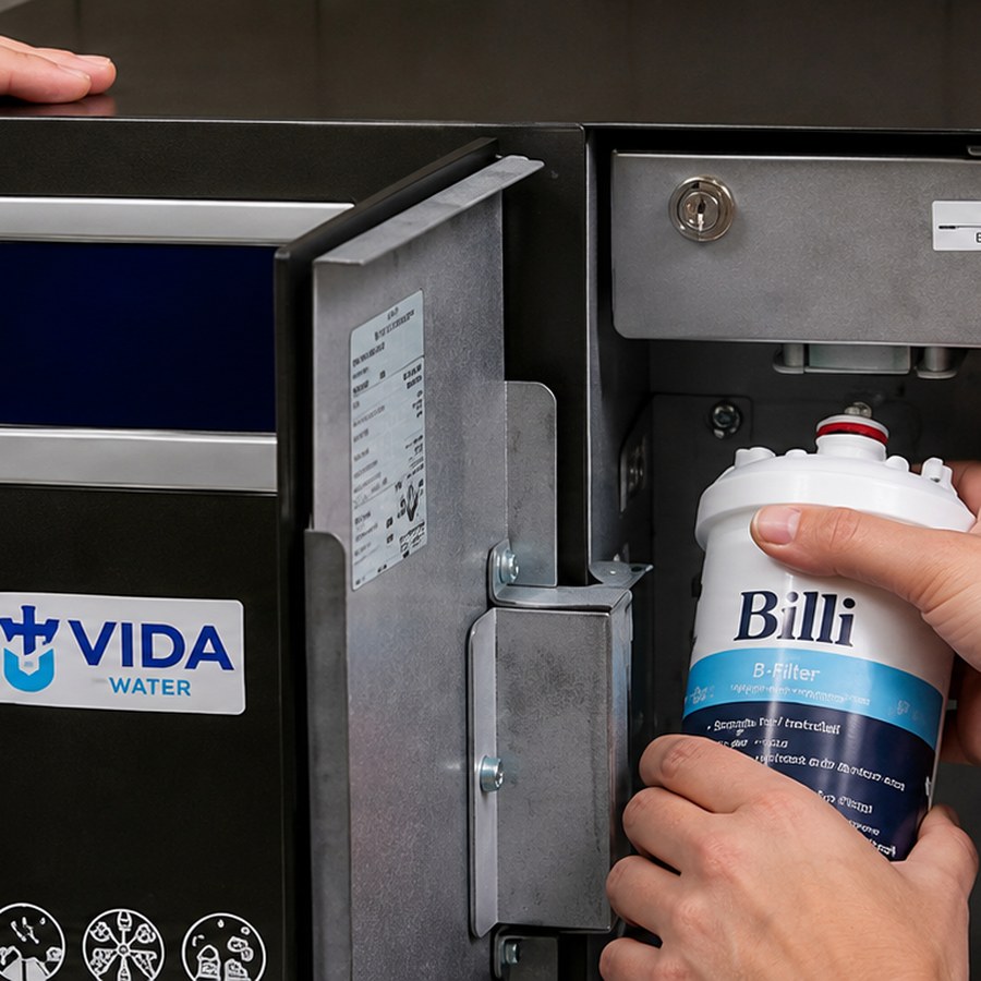 Vida Water engineer replacing a water filter during servicing