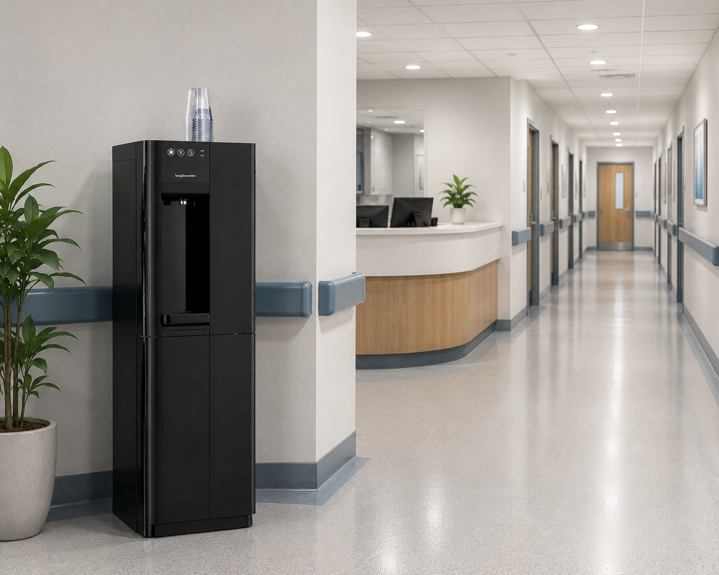 Water cooler in a hospital corridor